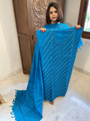 Blue Suit Set with Hand Embroidery in Pure Tussar Silk - Masakalee