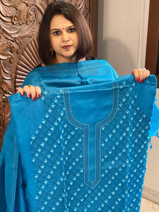 Blue Suit Set with Hand Embroidery in Pure Tussar Silk - Masakalee