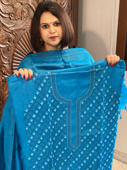 Blue Suit Set with Hand Embroidery in Pure Tussar Silk - Masakalee