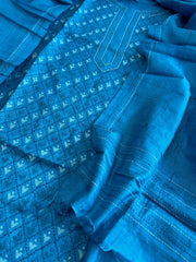 Blue Suit Set with Hand Embroidery in Pure Tussar Silk - Masakalee