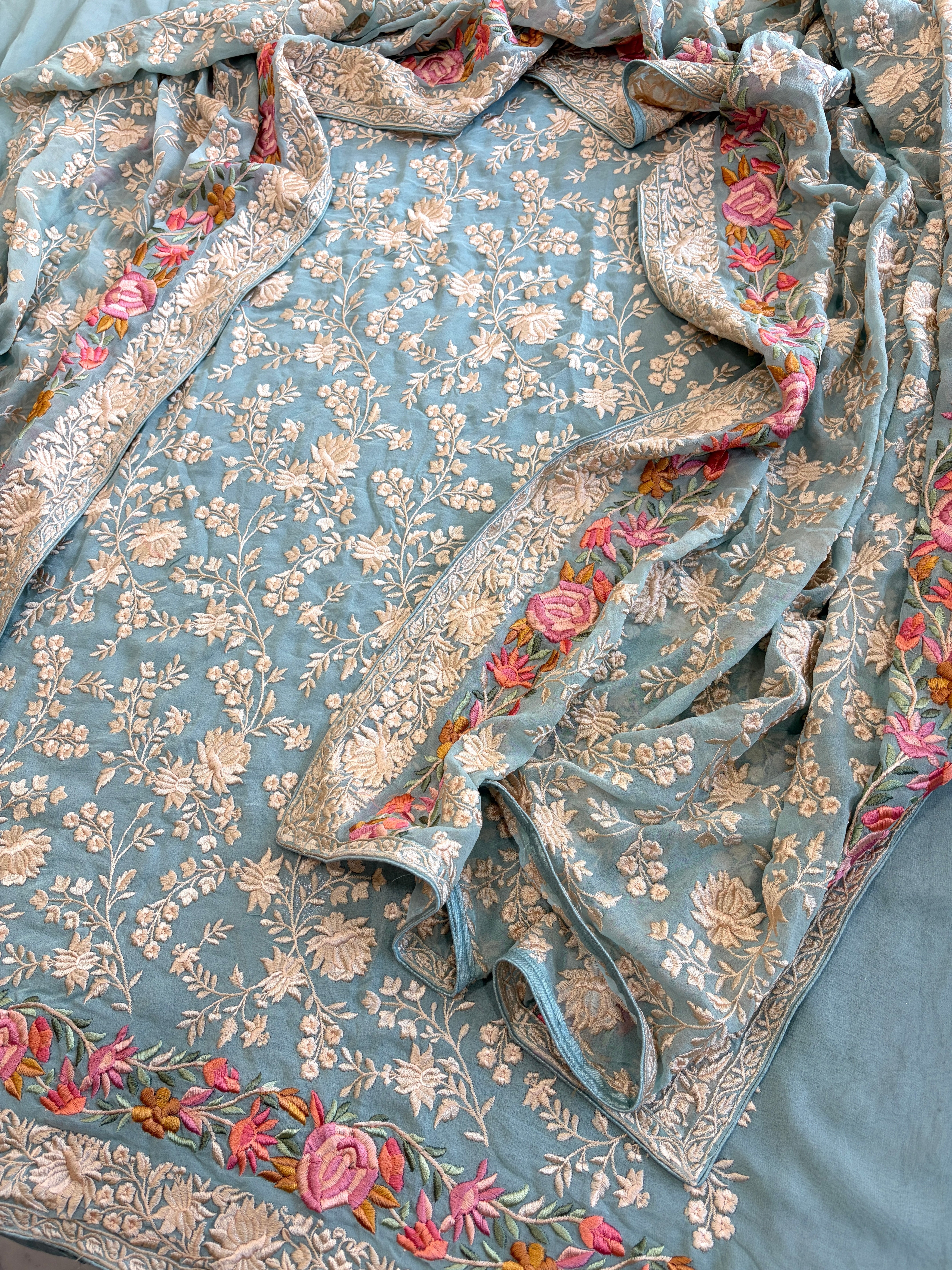 Blue Suit Set with Parsi Gara Embroidery in Georgette - Masakalee