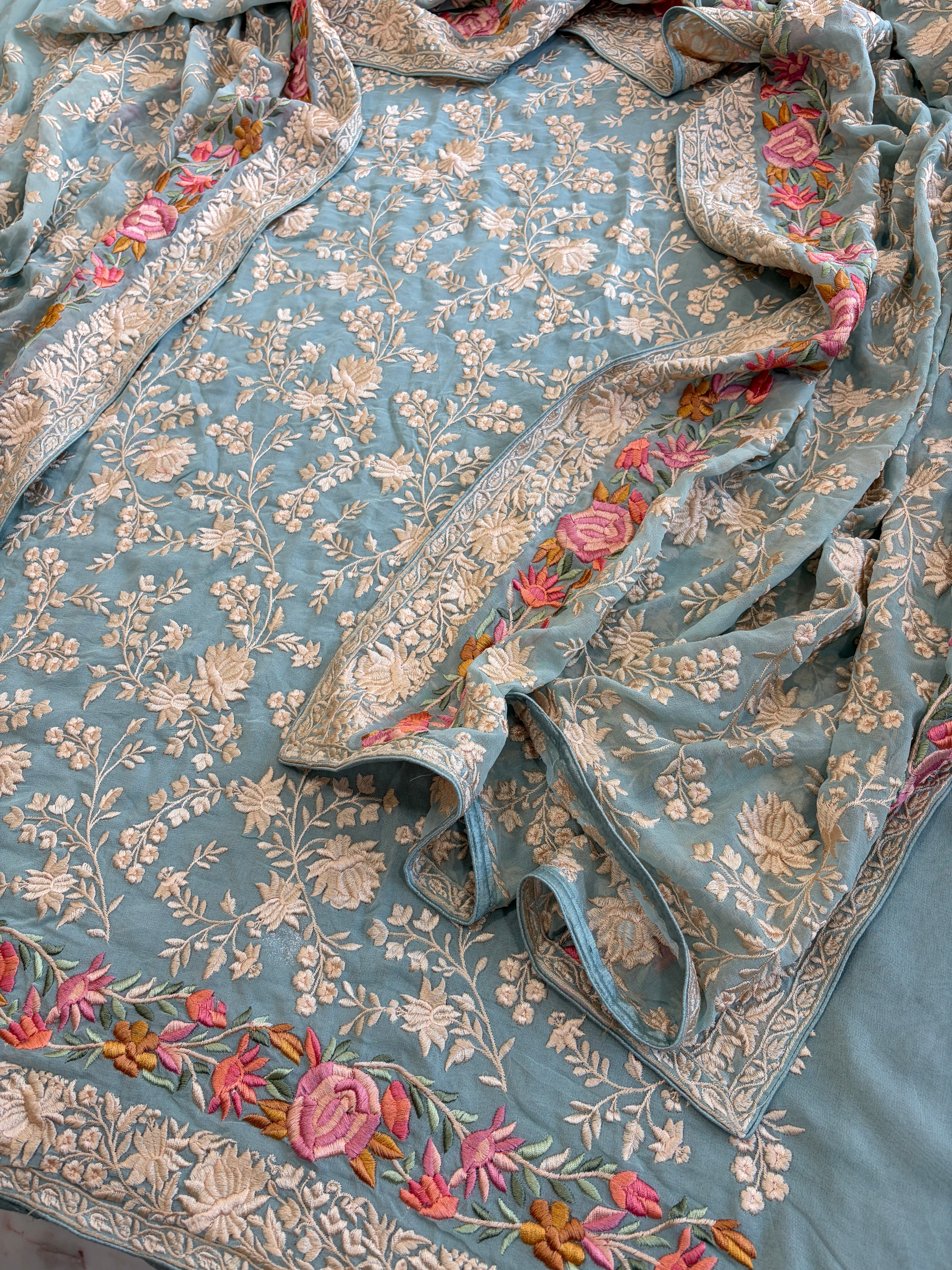 Blue Suit Set with Parsi Gara Embroidery in Georgette - Masakalee