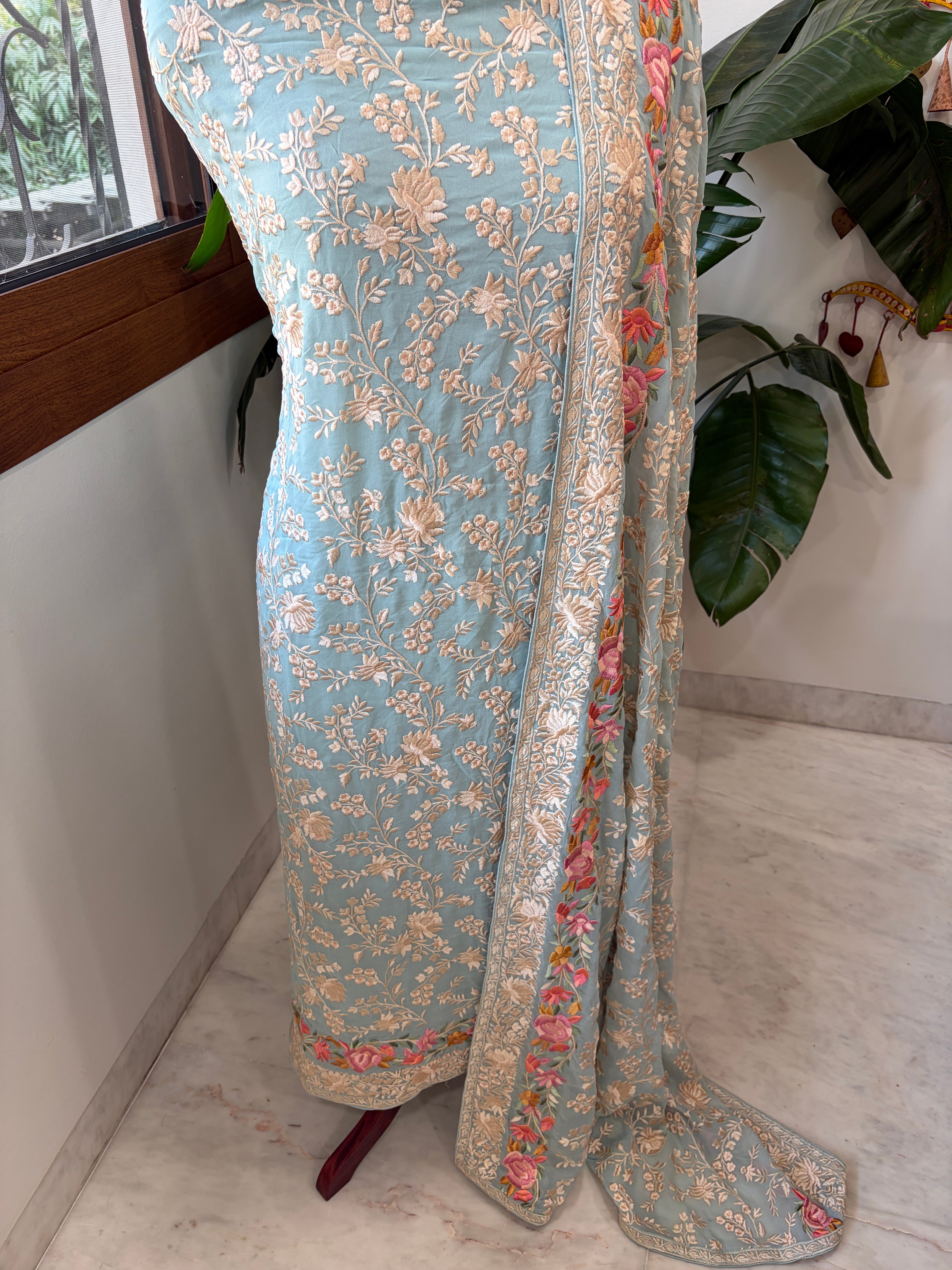 Blue Suit Set with Parsi Gara Embroidery in Georgette - Masakalee