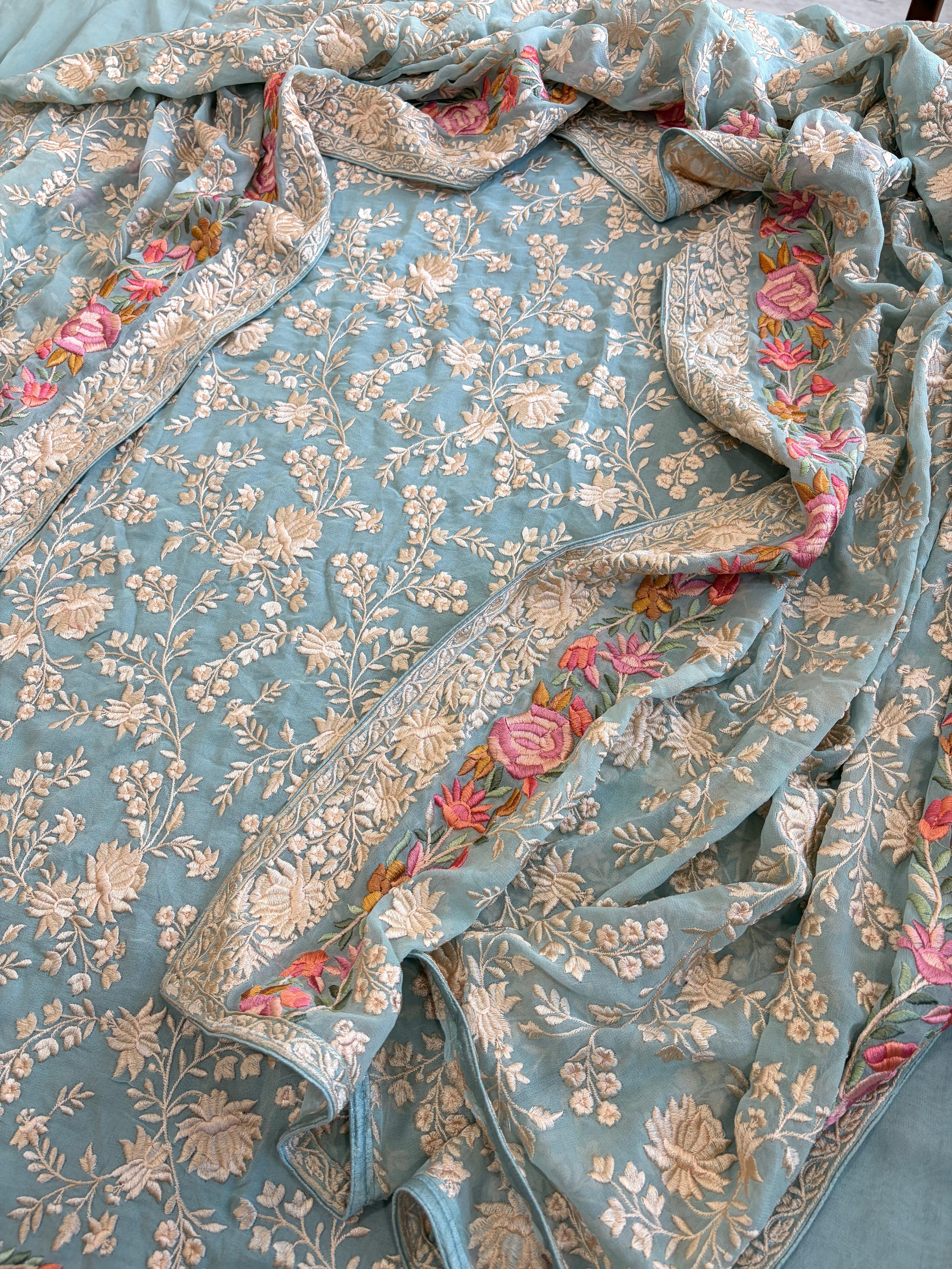 Blue Suit Set with Parsi Gara Embroidery in Georgette - Masakalee