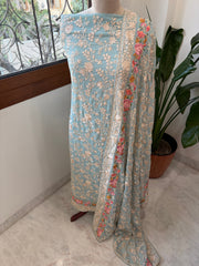 Blue Suit Set with Parsi Gara Embroidery in Georgette - Masakalee