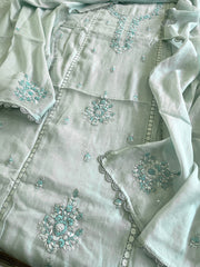 Blue Suit Set with Sequin ad Knot handwork in Mul Chanderi - Masakalee