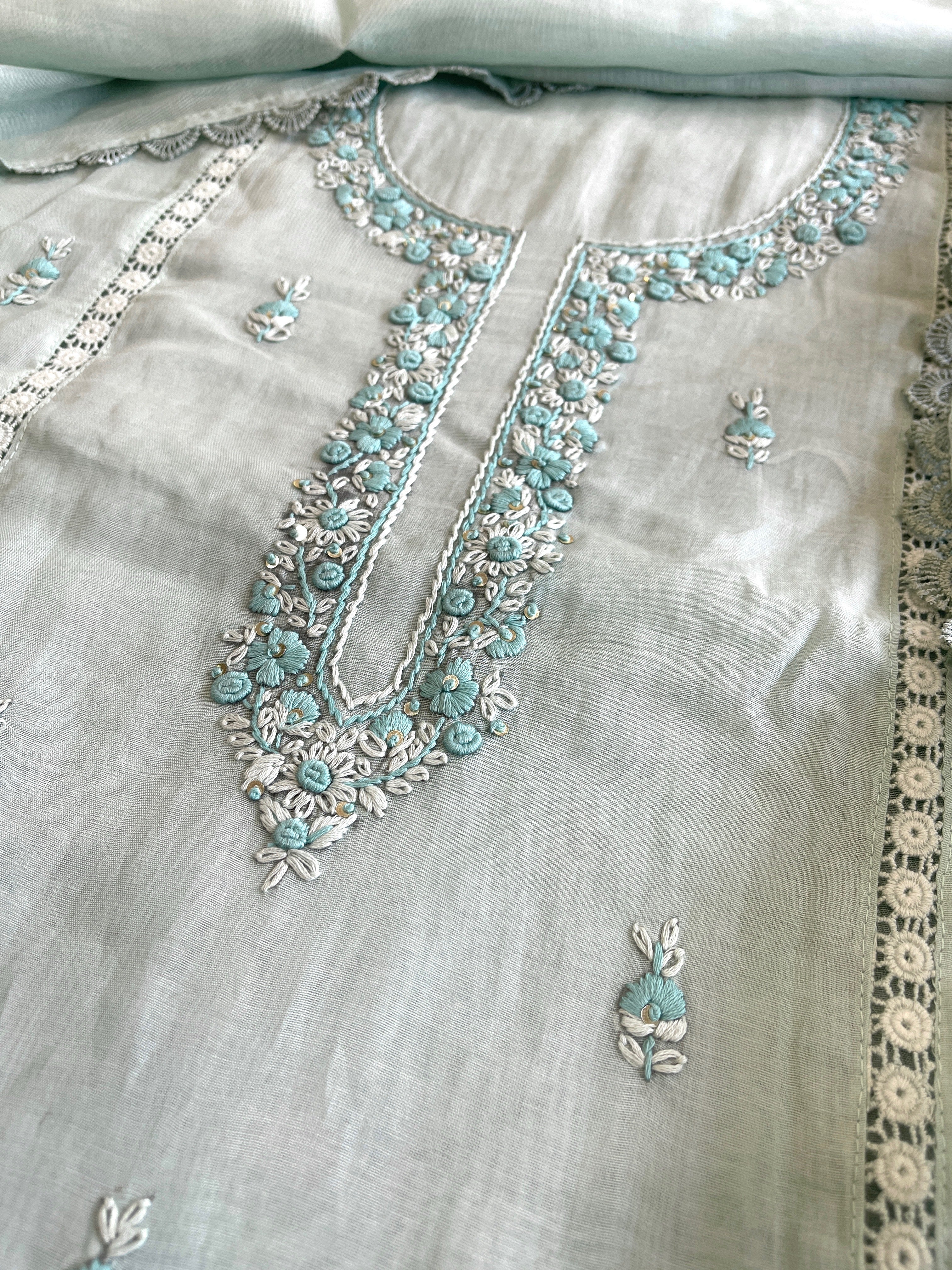 Blue Suit Set with Sequin ad Knot handwork in Mul Chanderi - Masakalee