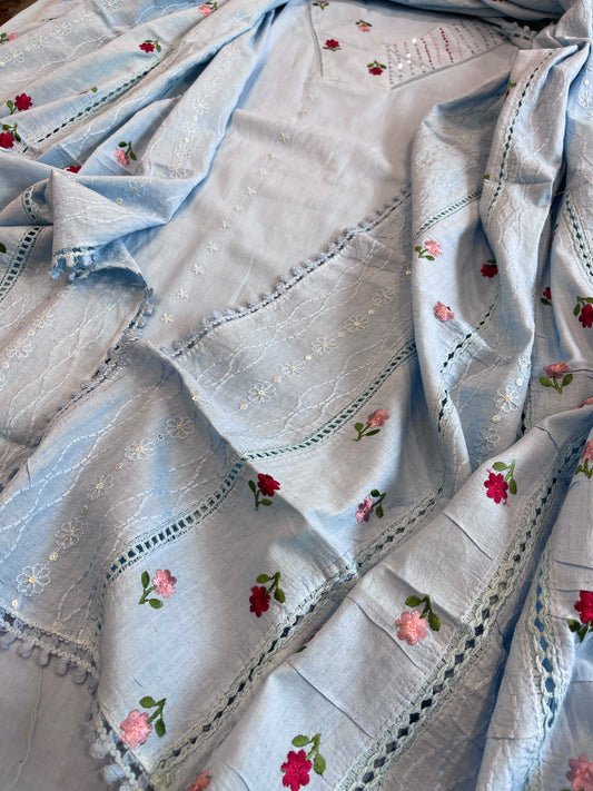 Blue Suit Set with Thread and Sequin Embroidery in Pure Cotton - Masakalee
