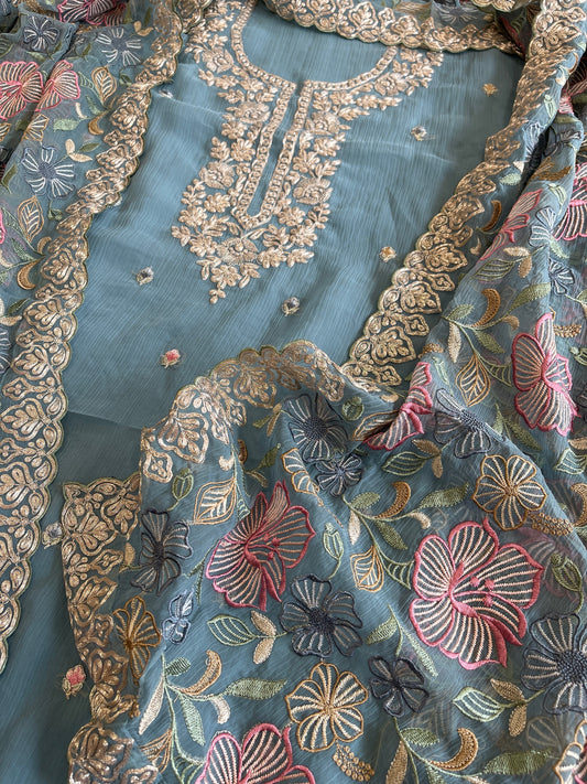 Blue Suit Set with Thread Embroidery and Pitta Work in Georgette - Masakalee