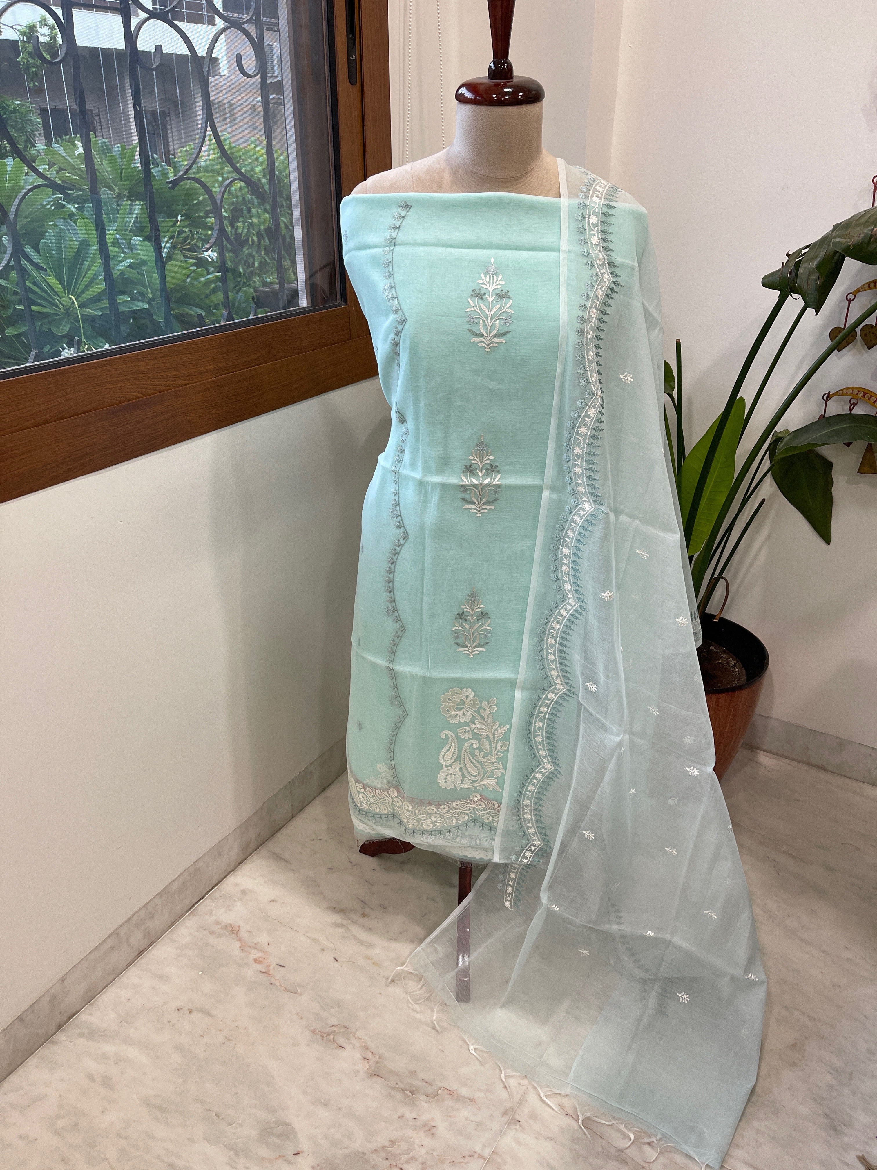 Blue Suit Set with Thread Embroidery in Mul Chanderi - Masakalee