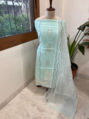 Blue Suit Set with Thread Embroidery in Mul Chanderi - Masakalee