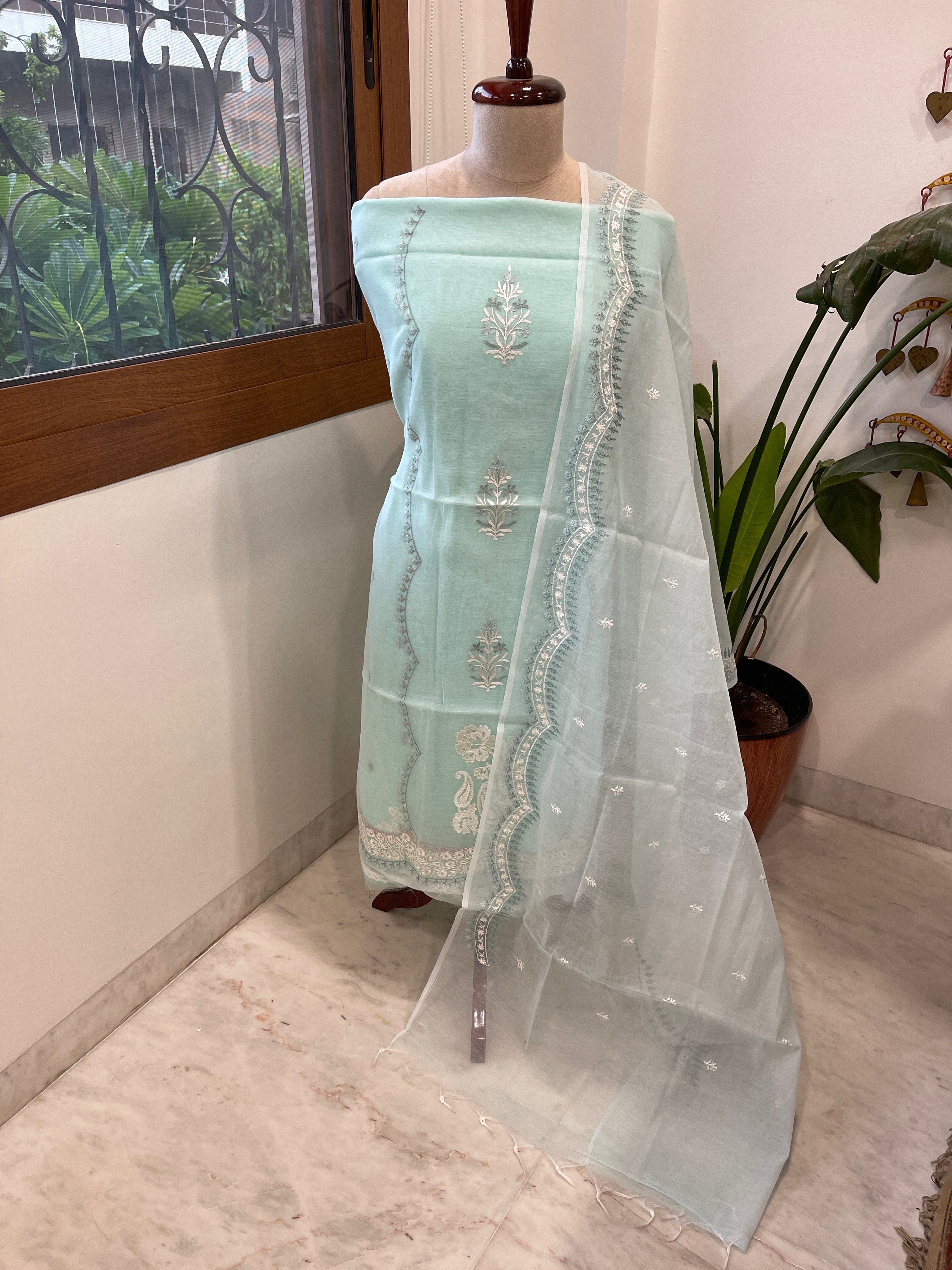 Blue Suit Set with Thread Embroidery in Mul Chanderi - Masakalee