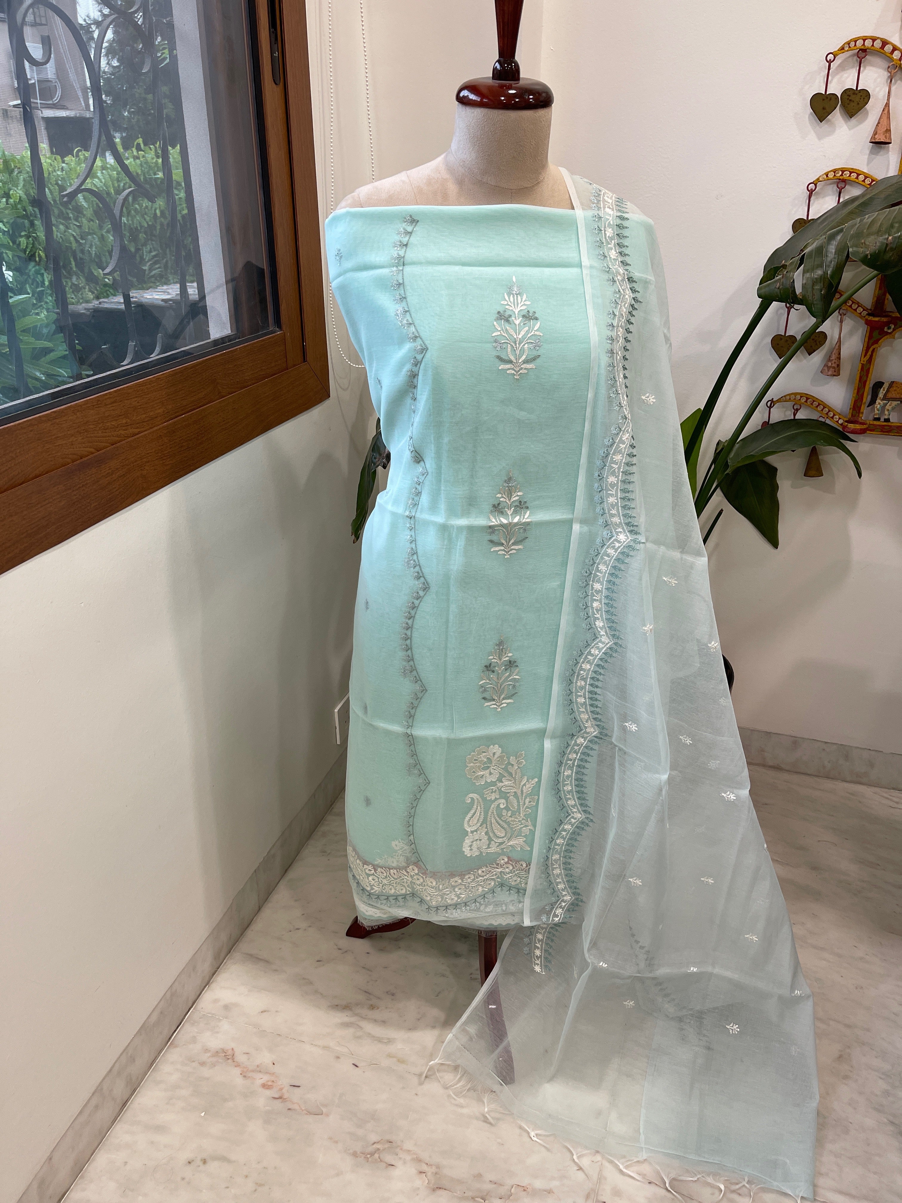 Blue Suit Set with Thread Embroidery in Mul Chanderi - Masakalee