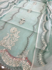 Blue Suit Set with Thread Embroidery in Mul Chanderi - Masakalee
