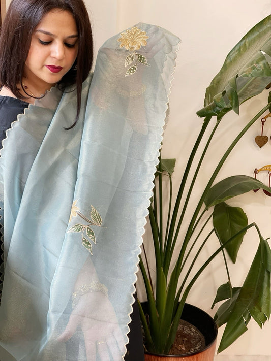 Blue Tissue Organza Dupatta with Handpainted Applique Work - Masakalee