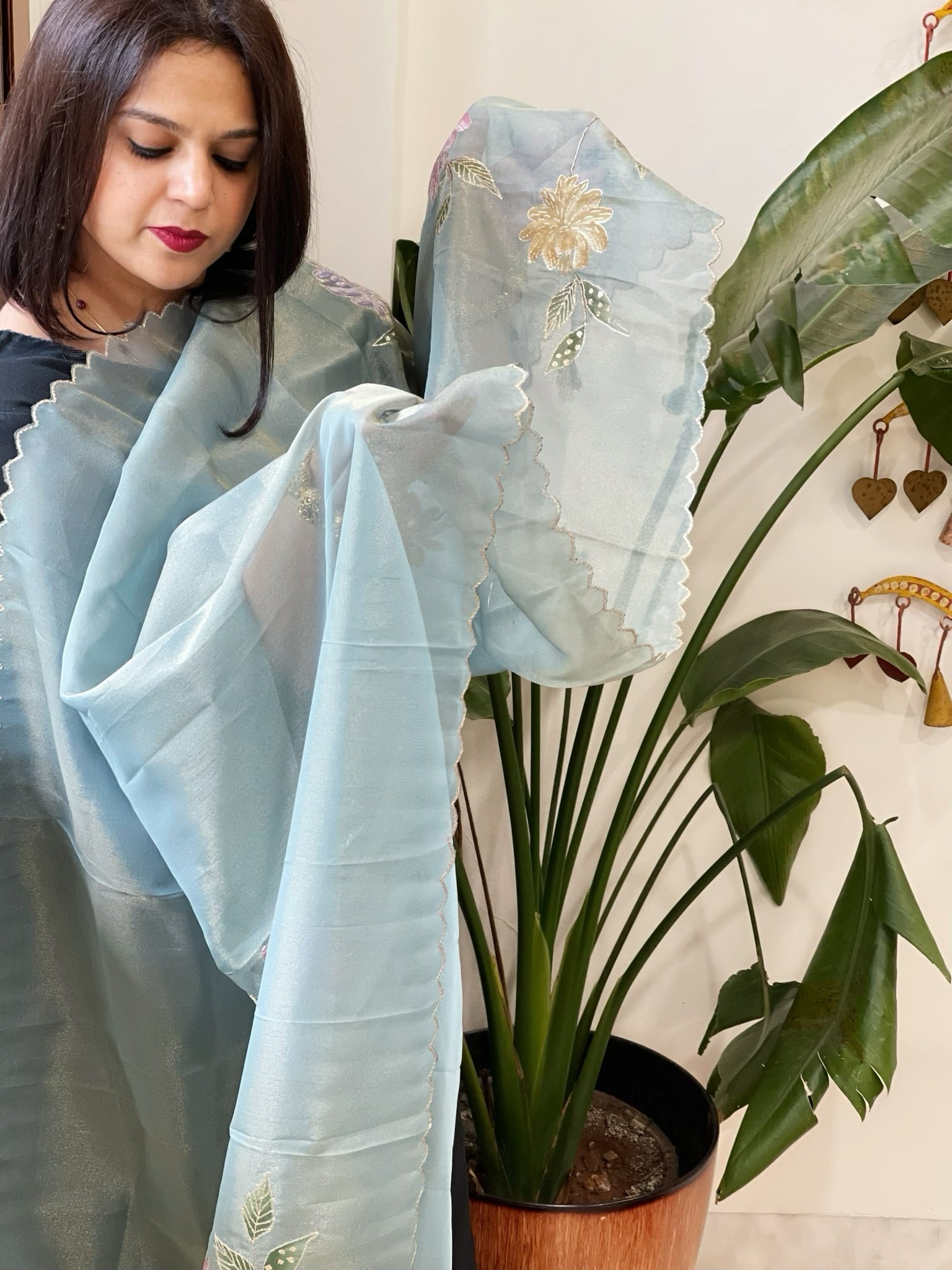 Blue Tissue Organza Dupatta with Handpainted Applique Work - Masakalee
