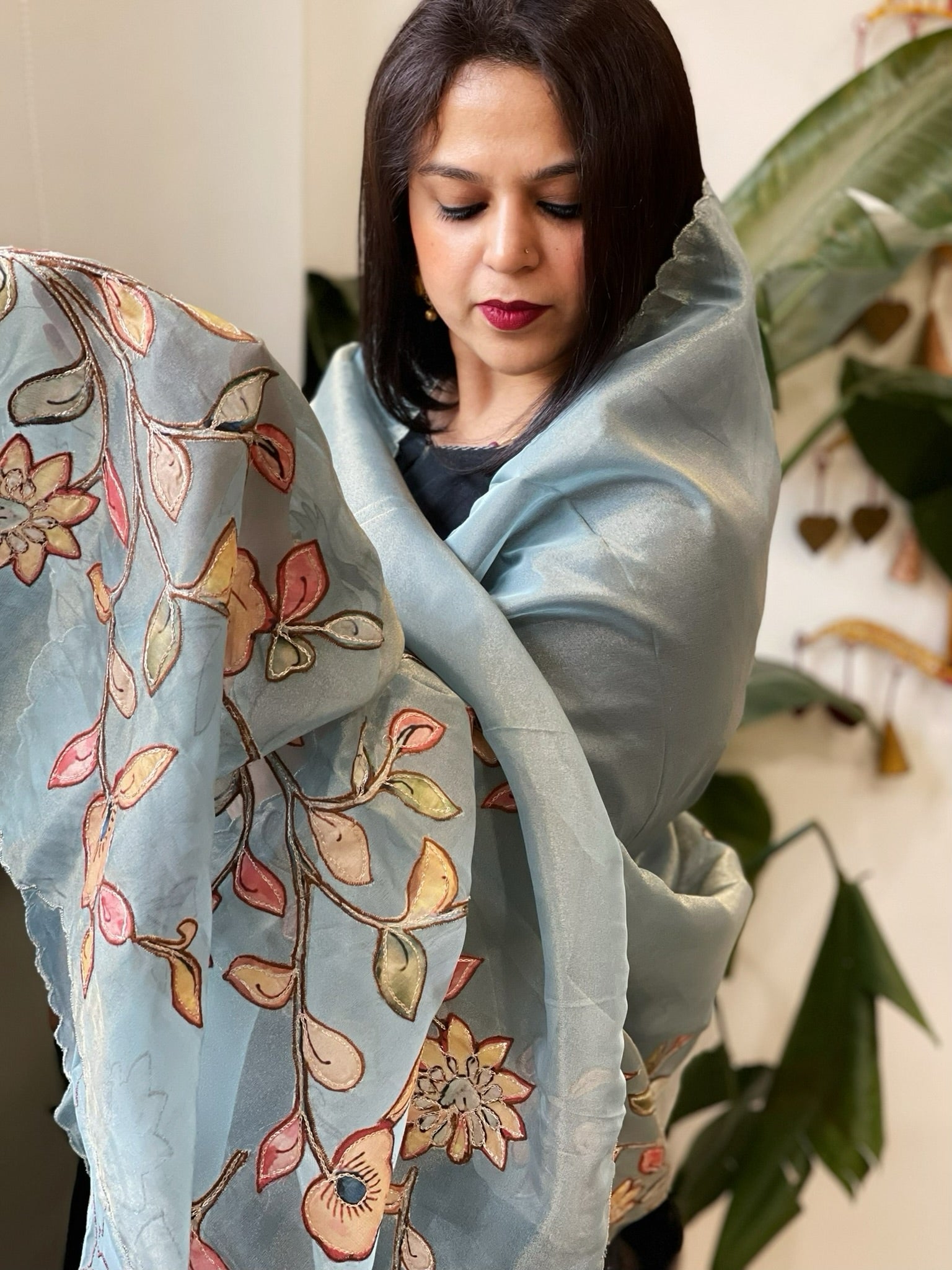 Blue Tissue Organza Dupatta with Handpainted Applique Work - Masakalee