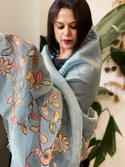 Blue Tissue Organza Dupatta with Handpainted Applique Work - Masakalee