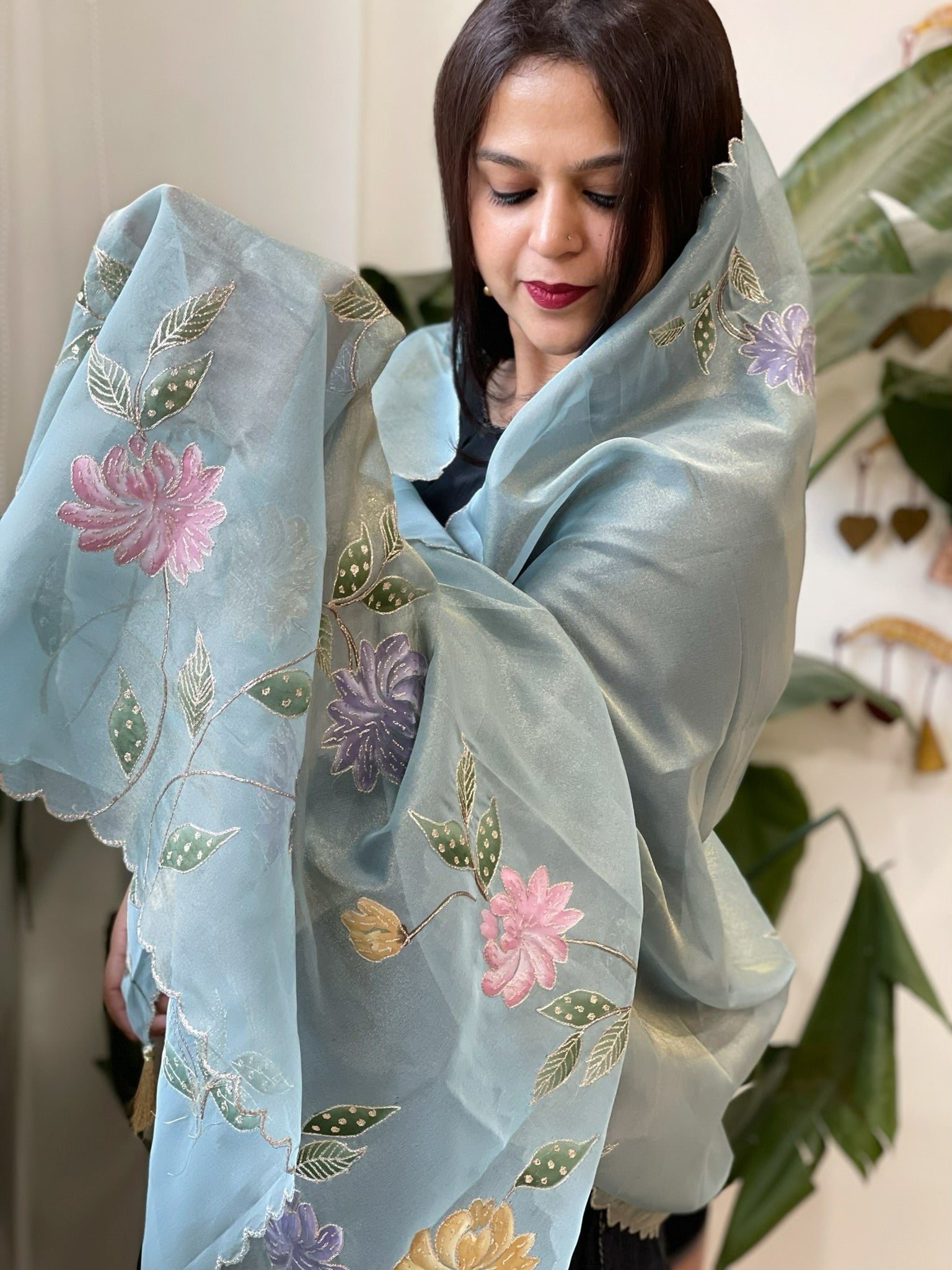 Blue Tissue Organza Dupatta with Handpainted Applique Work - Masakalee