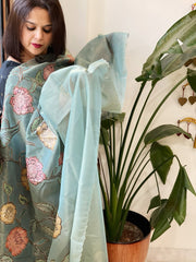 Blue Tissue Organza Dupatta with Handpainted Applique Work - Masakalee