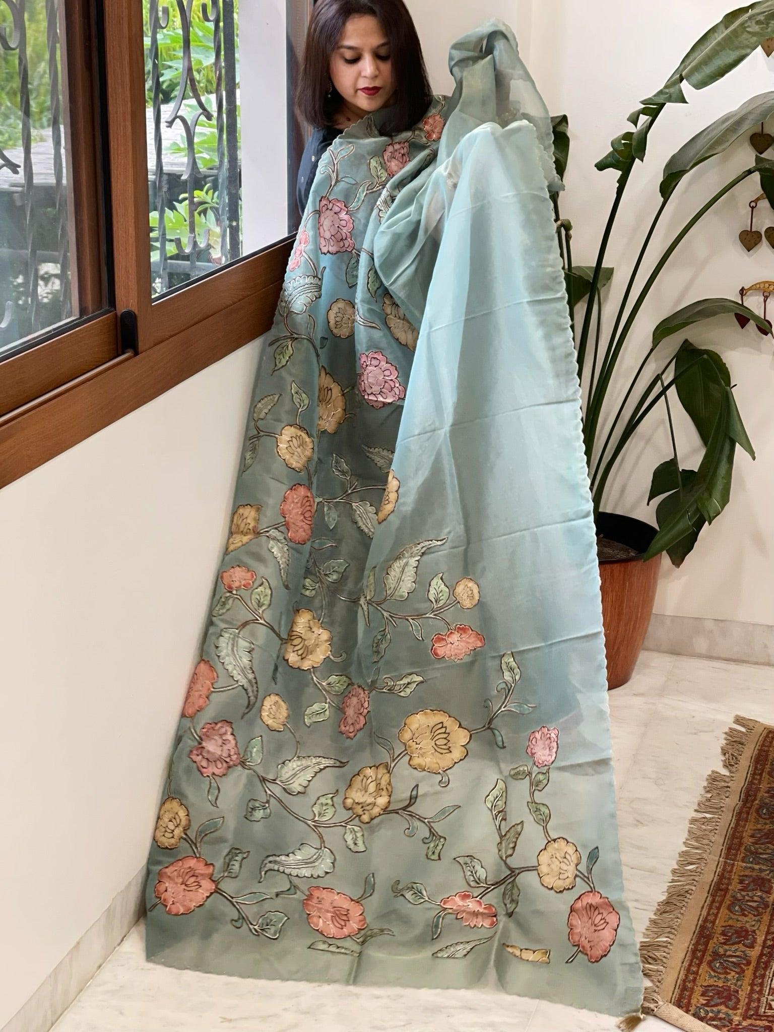 Blue Tissue Organza Dupatta with Handpainted Applique Work - Masakalee
