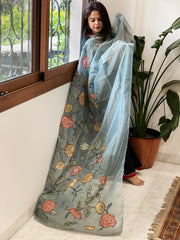 Blue Tissue Organza Dupatta with Handpainted Applique Work - Masakalee