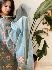 Blue Tissue Organza Dupatta with Handpainted Applique Work - Masakalee