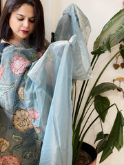 Blue Tissue Organza Dupatta with Handpainted Applique Work - Masakalee