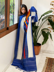 Blue, White Handwoven Ikat Dupatta in Cotton - Masakalee