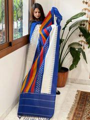 Blue, White Handwoven Ikat Dupatta in Cotton - Masakalee