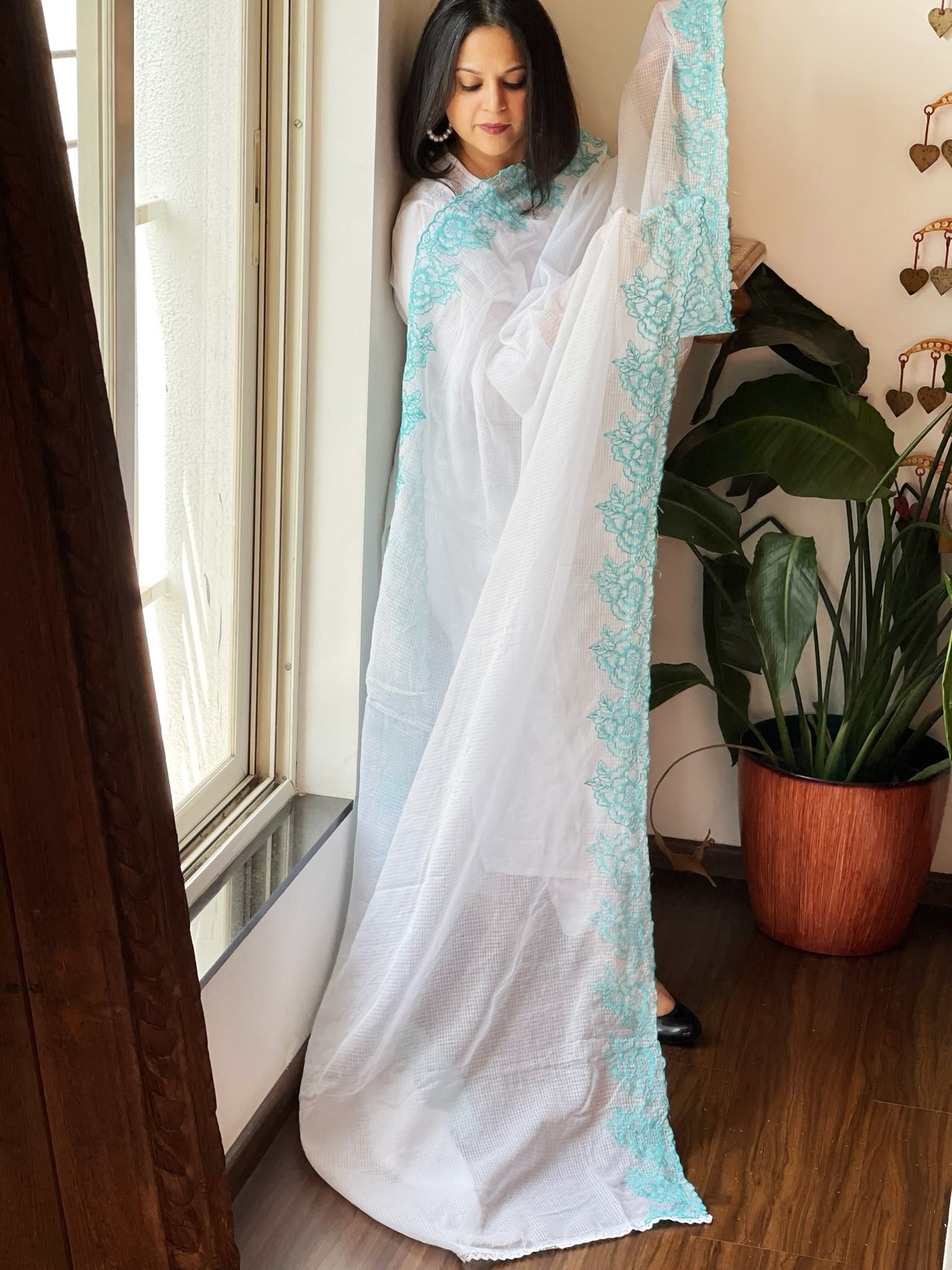 Blue, White Kota Cotton Dupatta with Thread Embroidered Border - Masakalee