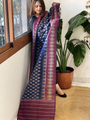 Blue, Wine Handwoven Ikat Dupatta in Cotton - Masakalee