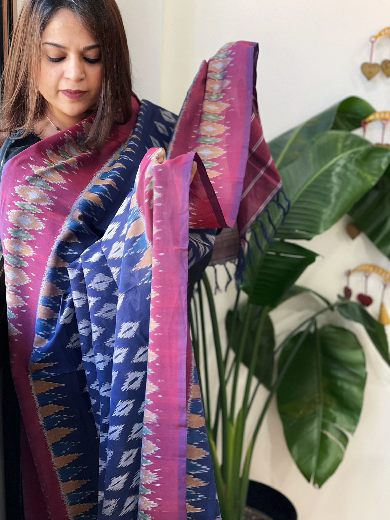 Blue, Wine Handwoven Ikat Dupatta in Cotton - Masakalee