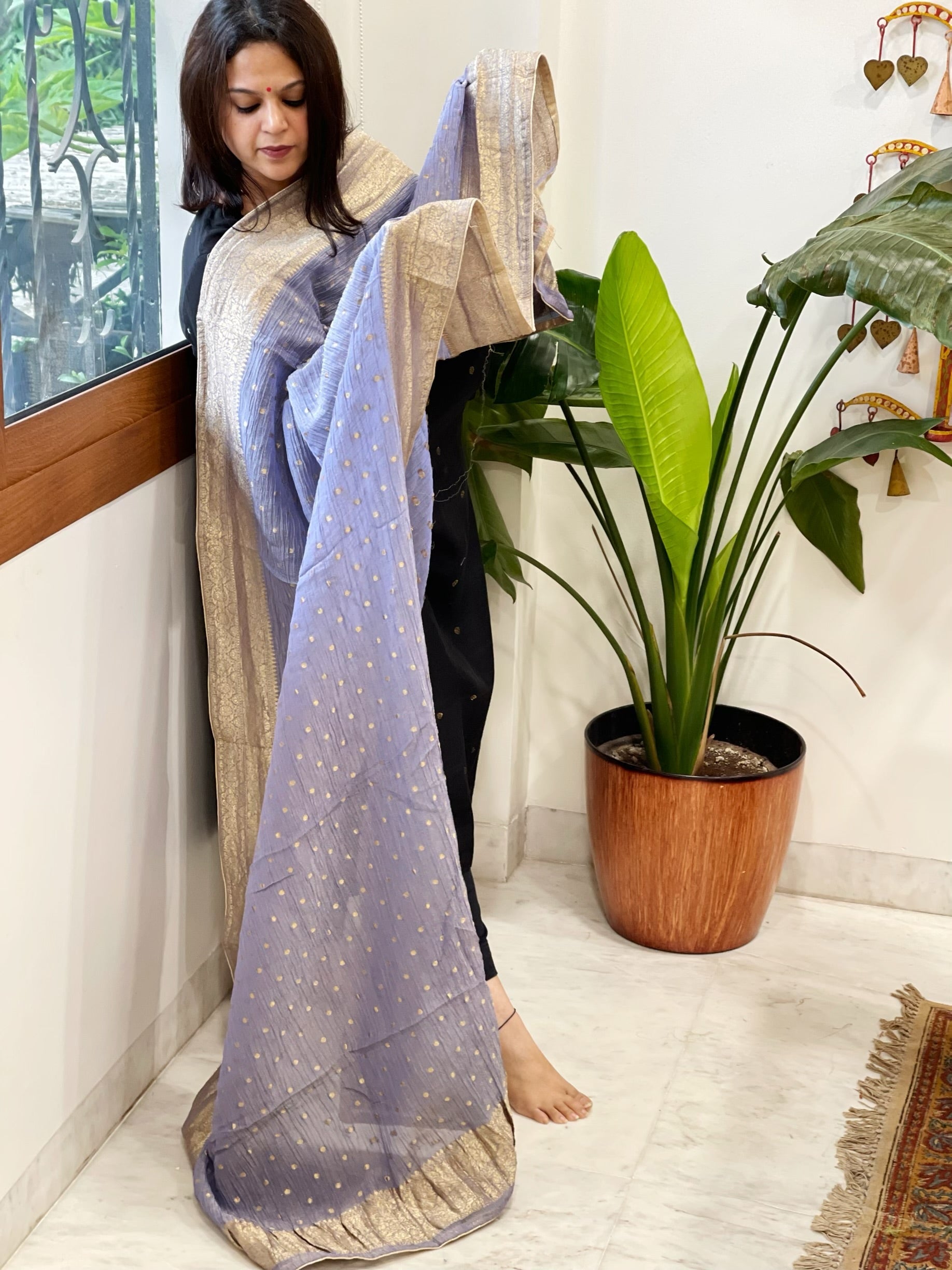 Blue Woven Banarasi Dupatta in Tissue - Masakalee