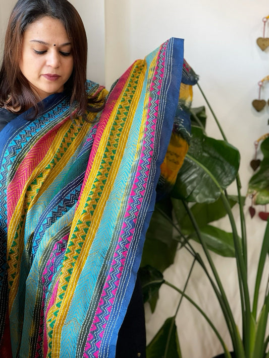 Blue, Yellow Handmade Kantha Dupatta in Silk - Masakalee