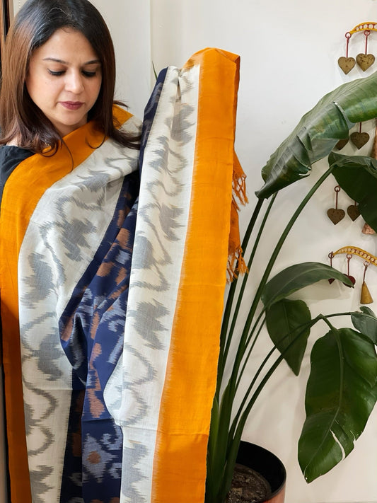 Blue, Yellow Handwoven Ikat Dupatta in Cotton - Masakalee