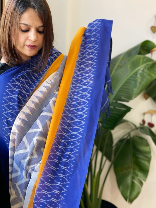Blue, Yellow Handwoven Ikat Dupatta in Cotton - Masakalee