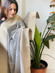 Bluish Grey Woven Banarasi Dupatta in Tissue - Masakalee