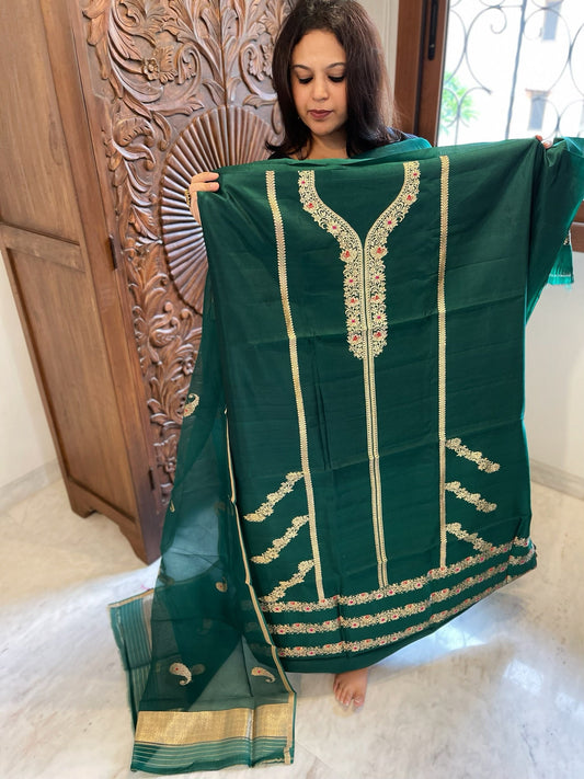 Bottle Green Designer Banarasi Suit Set in Pure Silk - Masakalee