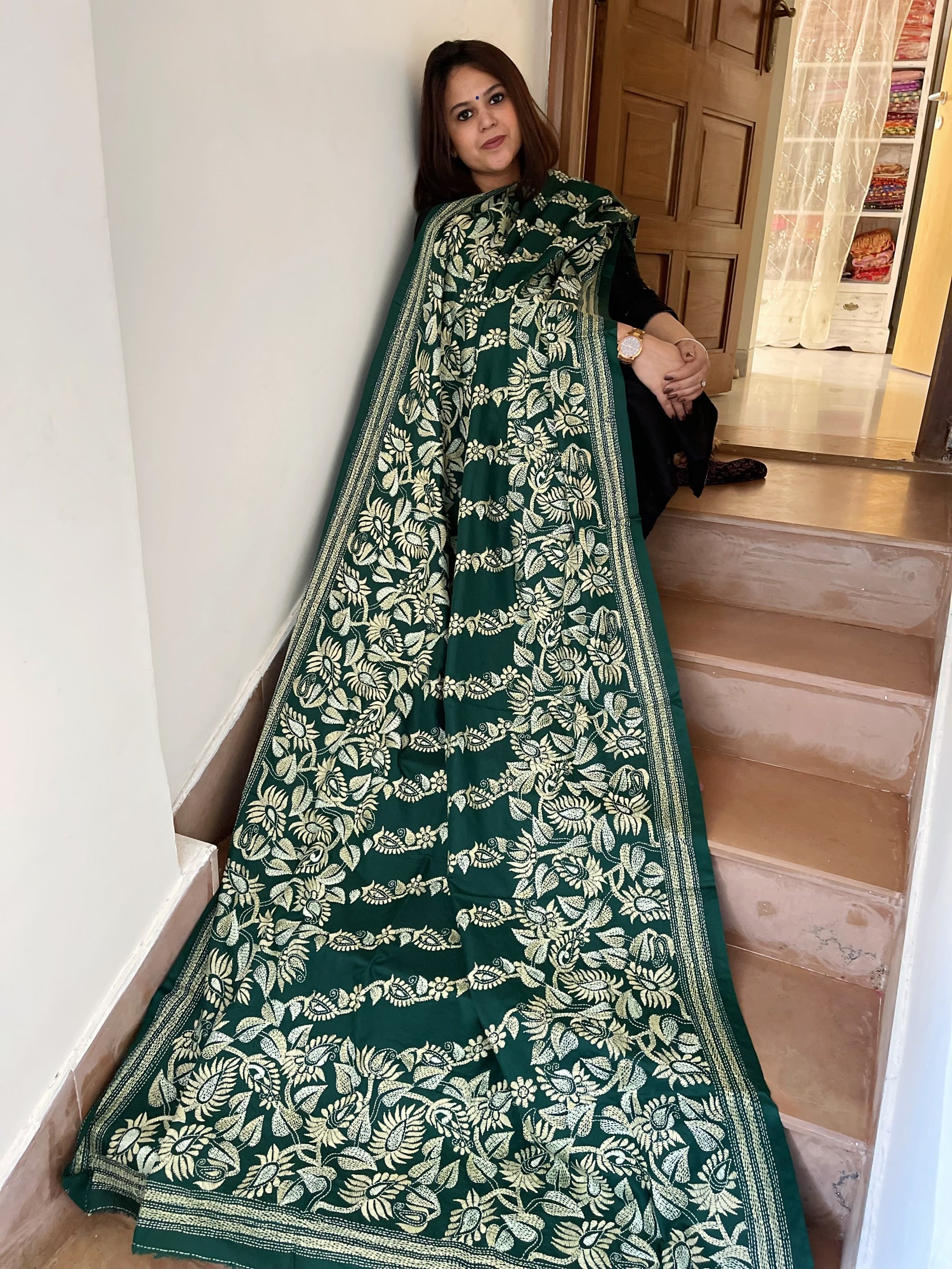 Bottle Green Handmade Nakshi Kantha Dupatta in Pure Silk - Masakalee