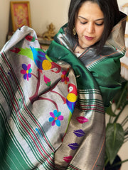 Bottle Green Handwoven Paithani Dupatta in Pure Silk - Masakalee