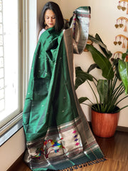 Bottle Green Handwoven Paithani Dupatta in Pure Silk - Masakalee