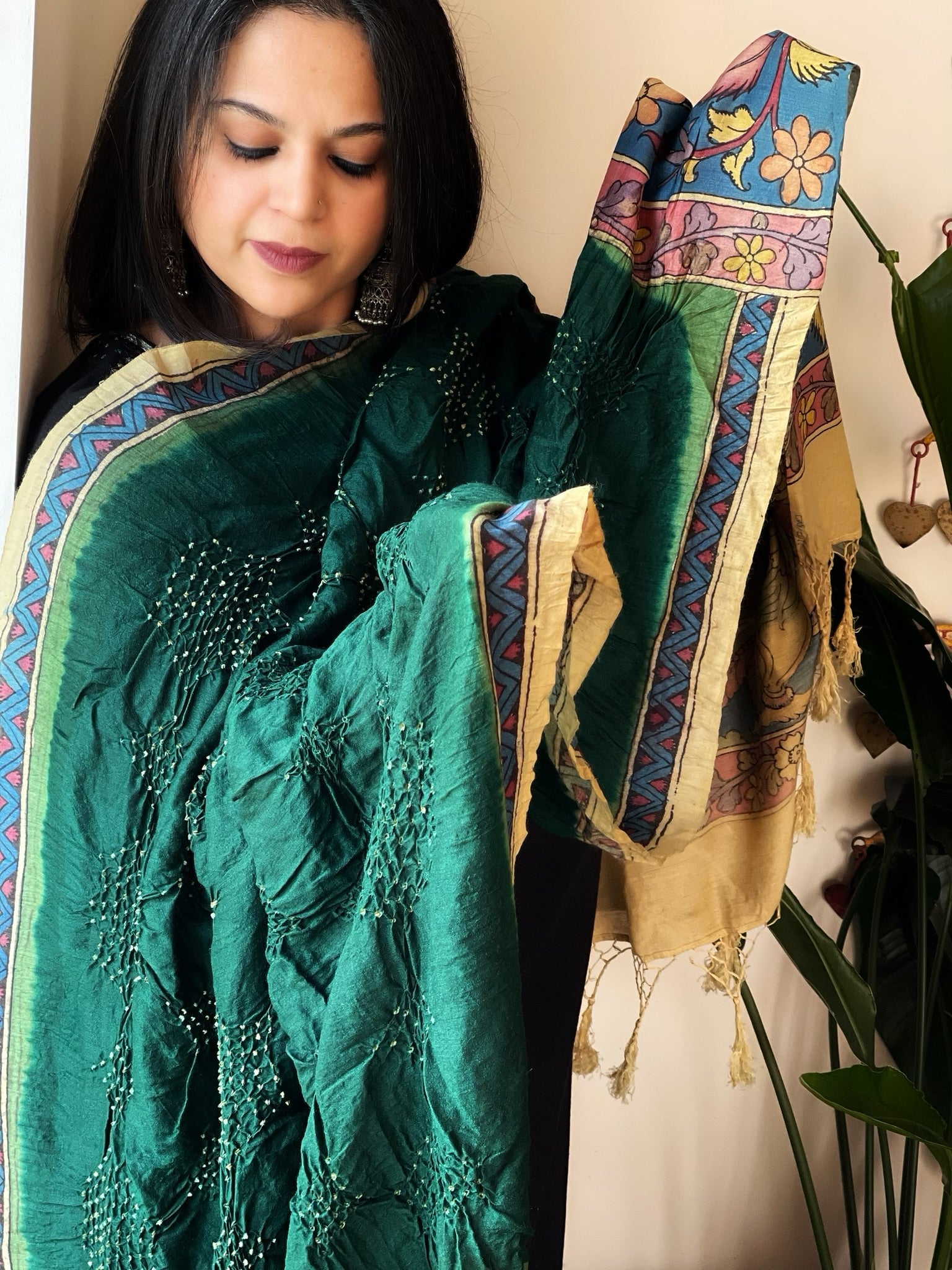 Bottle Green Rai Bandhej Dupatta with Handpainted Kalamkari Pallu in Pure Muga Silk - Masakalee