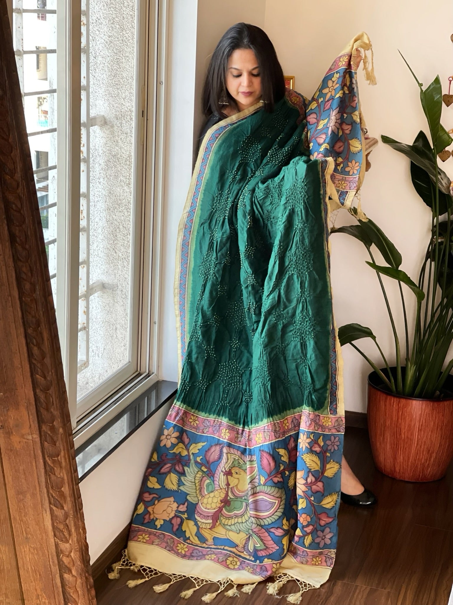 Bottle Green Rai Bandhej Dupatta with Handpainted Kalamkari Pallu in Pure Muga Silk - Masakalee
