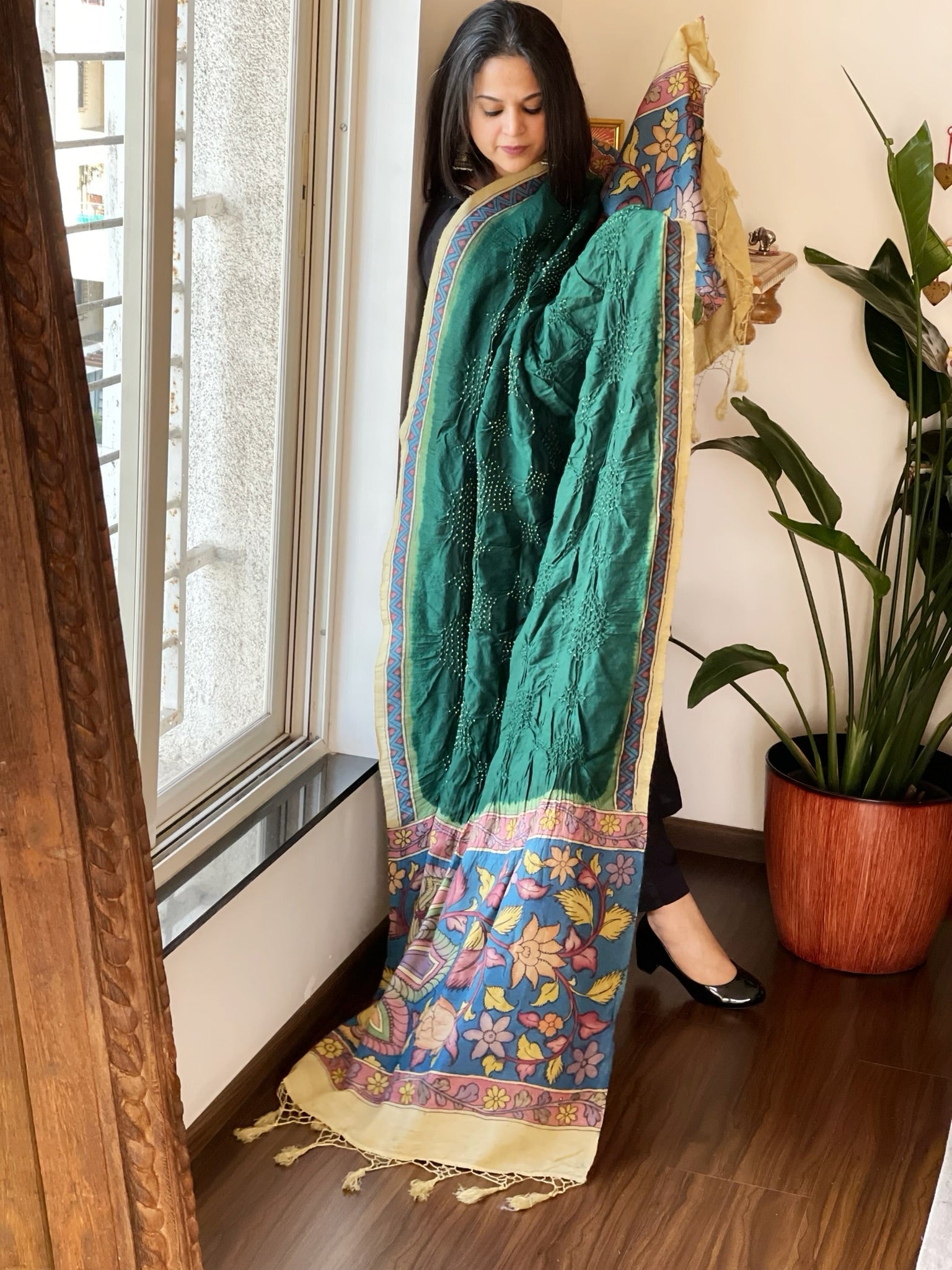 Bottle Green Rai Bandhej Dupatta with Handpainted Kalamkari Pallu in Pure Muga Silk - Masakalee