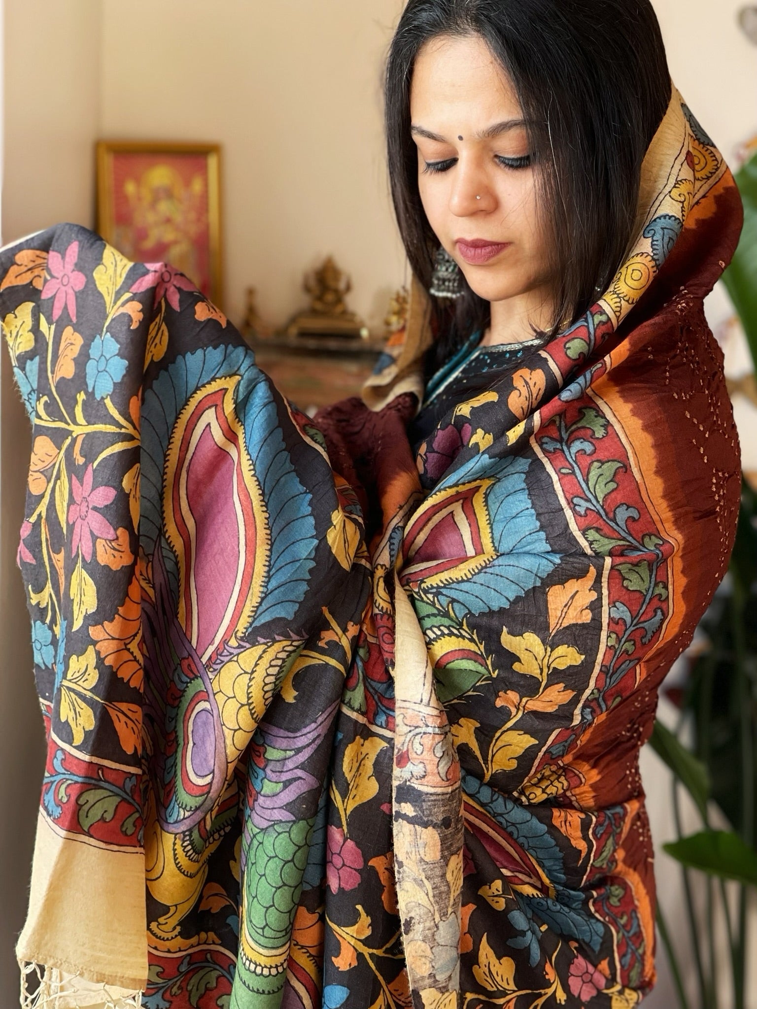 Brick Rai Bandhej Dupatta with Handpainted Kalamkari Pallu in Pure Muga Silk - Masakalee