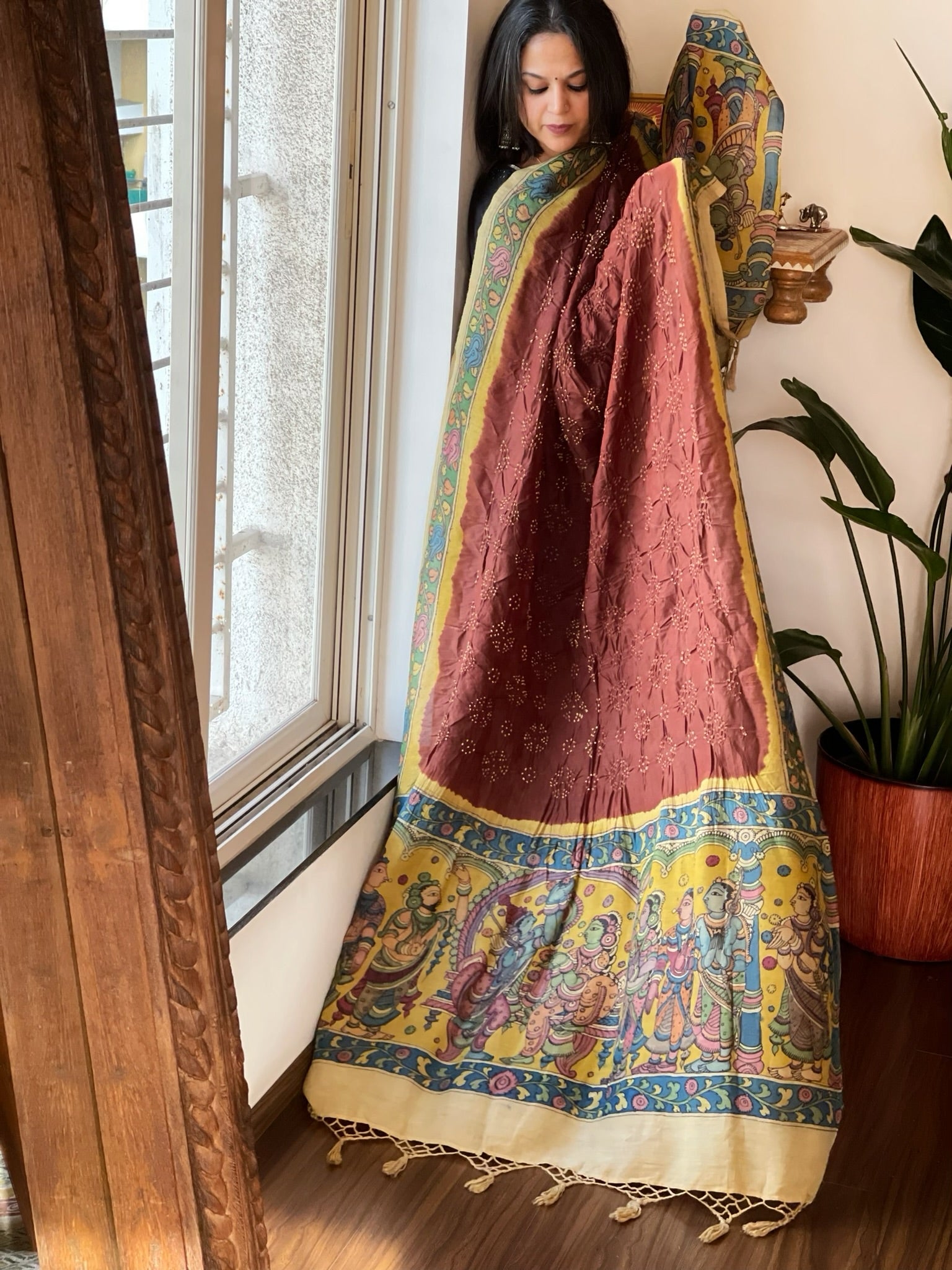 Brick Rai Bandhej Dupatta with Handpainted Kalamkari Pallu in Pure Muga Silk - Masakalee
