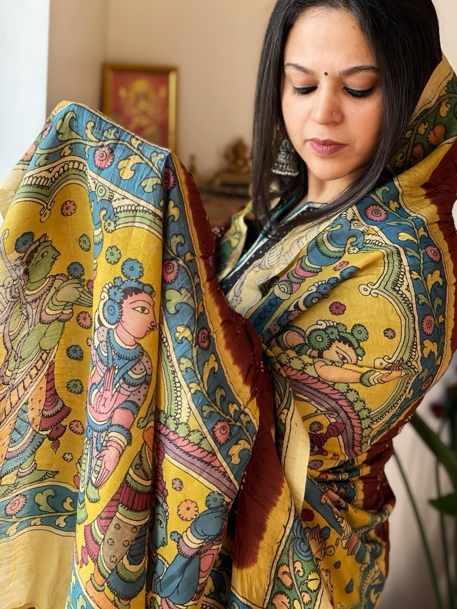 Brick Rai Bandhej Dupatta with Handpainted Kalamkari Pallu in Pure Muga Silk - Masakalee