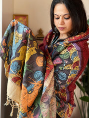 Brick Red Rai Bandhej Dupatta with Handpainted Kalamkari Pallu in Pure Muga Silk - Masakalee