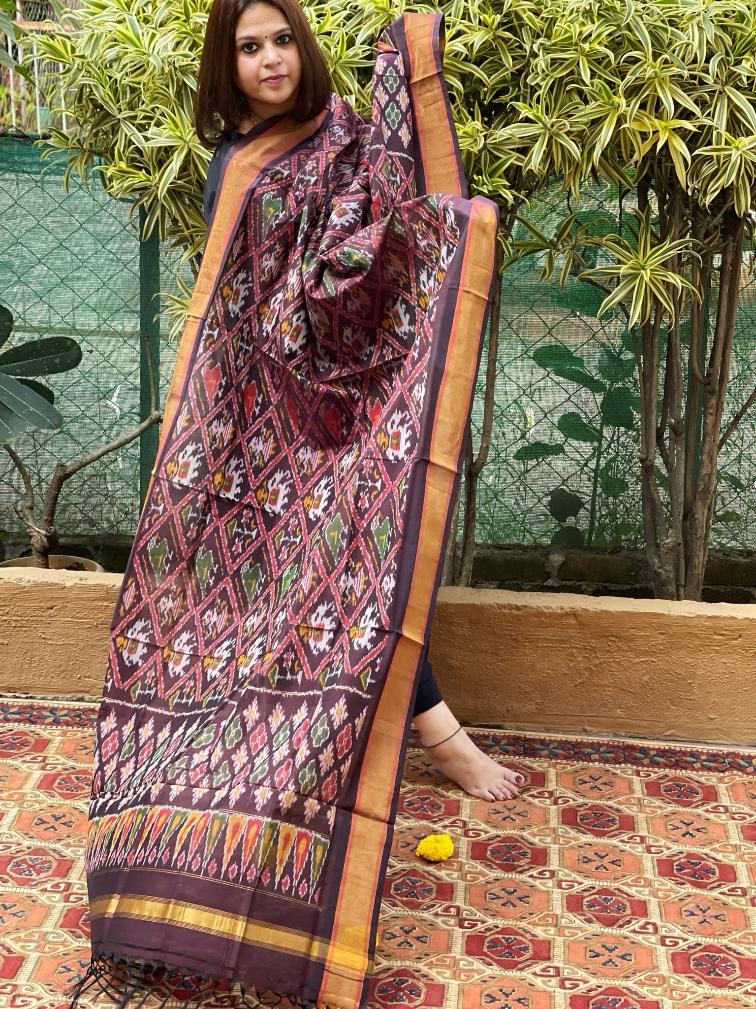 Brown Handwoven Ikat Dupatta Pure Silk - Cotton - Masakalee